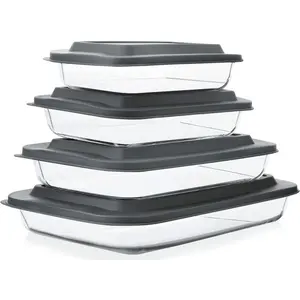 8-Piece Deep Glass Baking Dish Set with Plastic Lids, Rectangular Glass Bakeware Set with Lids, Baking Pans for Lasagna, Leftovers Cooking, Freezer-to-Oven & Dishwasher Safe, Gray for Kitchen