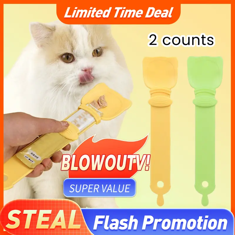2 Counts Cat Strip Feeders, Cute Cat Head Shape Cat Strip Squeeze Spoons in Mixed Colors.