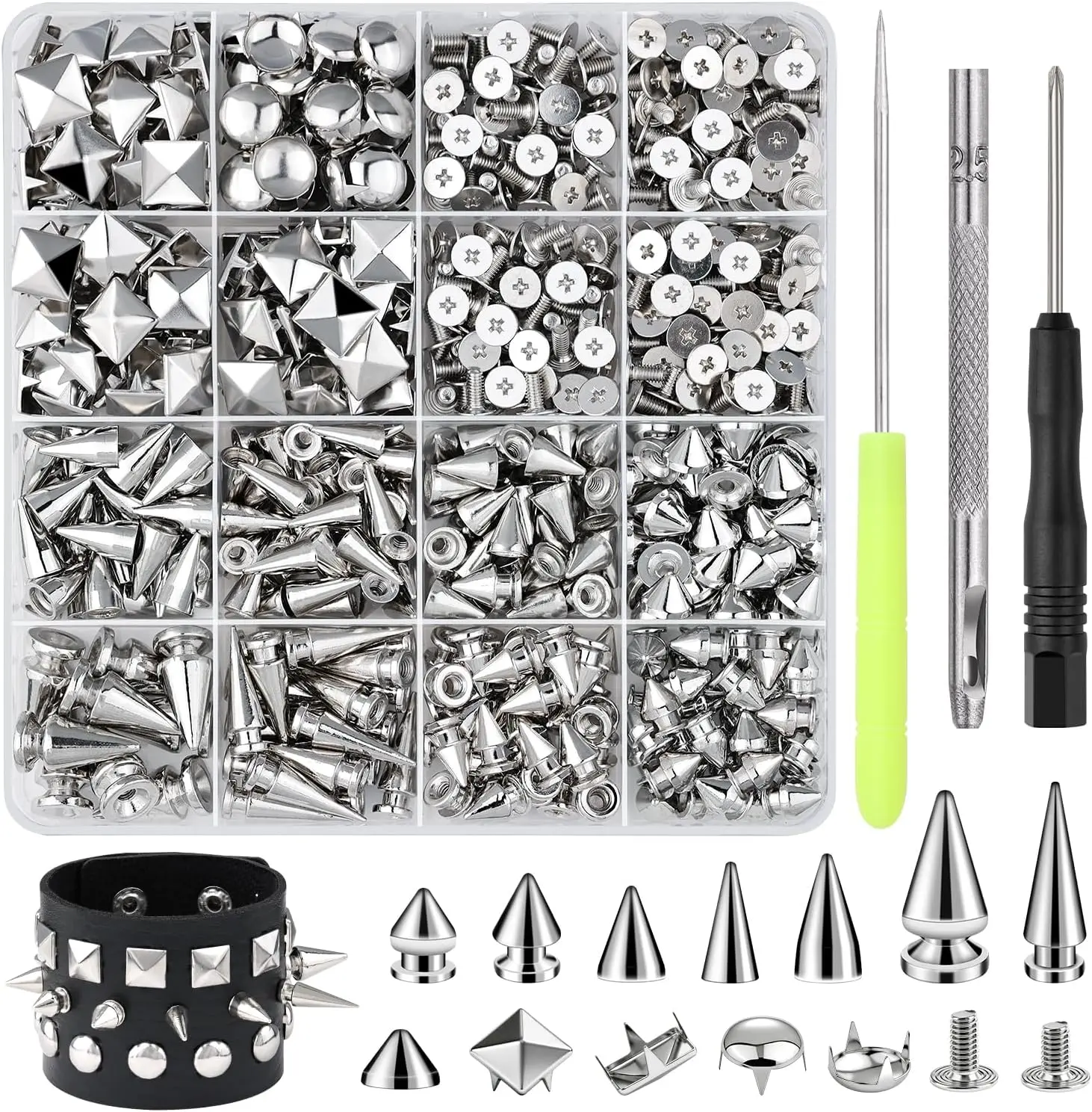 630 Pcs Punk Studs for Clothing, 10 Sizes Cone Spikes for Clothes, Square & Round Dome Pyramid Studs and Spikes, Leather Rivets Metal Spike for Crafts Bags Belts Shoes Caps Necklace Decor with Tools