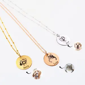 Pet Photo Necklace, Custom Engraved Memorial Portrait Pendant, Personalized Custom Dog or Cat Necklace, Sterling Silver, Gold Fill