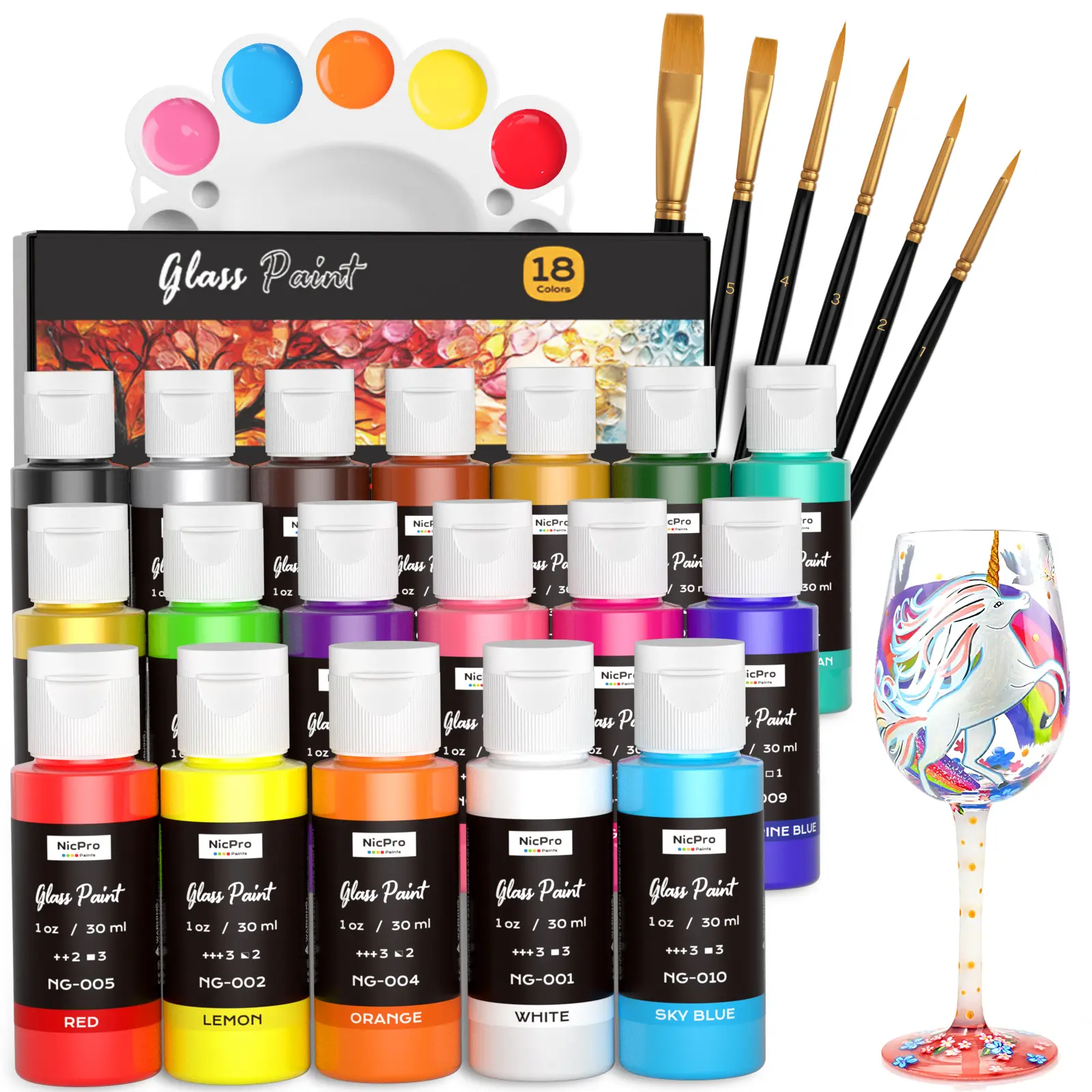 Nicpro Stained Glass Paint Set, Waterproof Acrylic Enamel & Ceramic Glass Painting Kit for Arts on Transparent Wine Glasses Jars Windows with Brushes & Palette, Opaque Finish