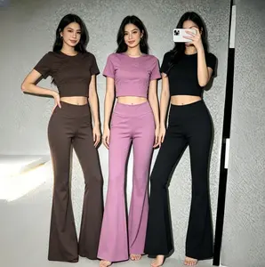 H   3 Colors High Waisted Flare Yoga Set, 2-Piece Short Sleeve Crop Top + Butt-Lifting Pants, Quick Dry & Slimming, Tummy Control, for Gym/Pilates/Commute, Curvy Plus Size Friendly Bottoms Basic Minimalist Womenswear