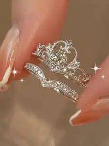 Women's Elegant S925 Silver Ring Set, Bridal Rings, Classic Crown Design, Perfect Gift for Proposal, Engagement, Wedding, Valentine's Day