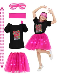 Glow-in-the-Dark 80s Rockstar Costume for Girls  LED Light-Up Tulle Skirt + Graphic Tee Set | Decades Day Halloween Party Outfit | Sparkle, Shine & Slay the Night!