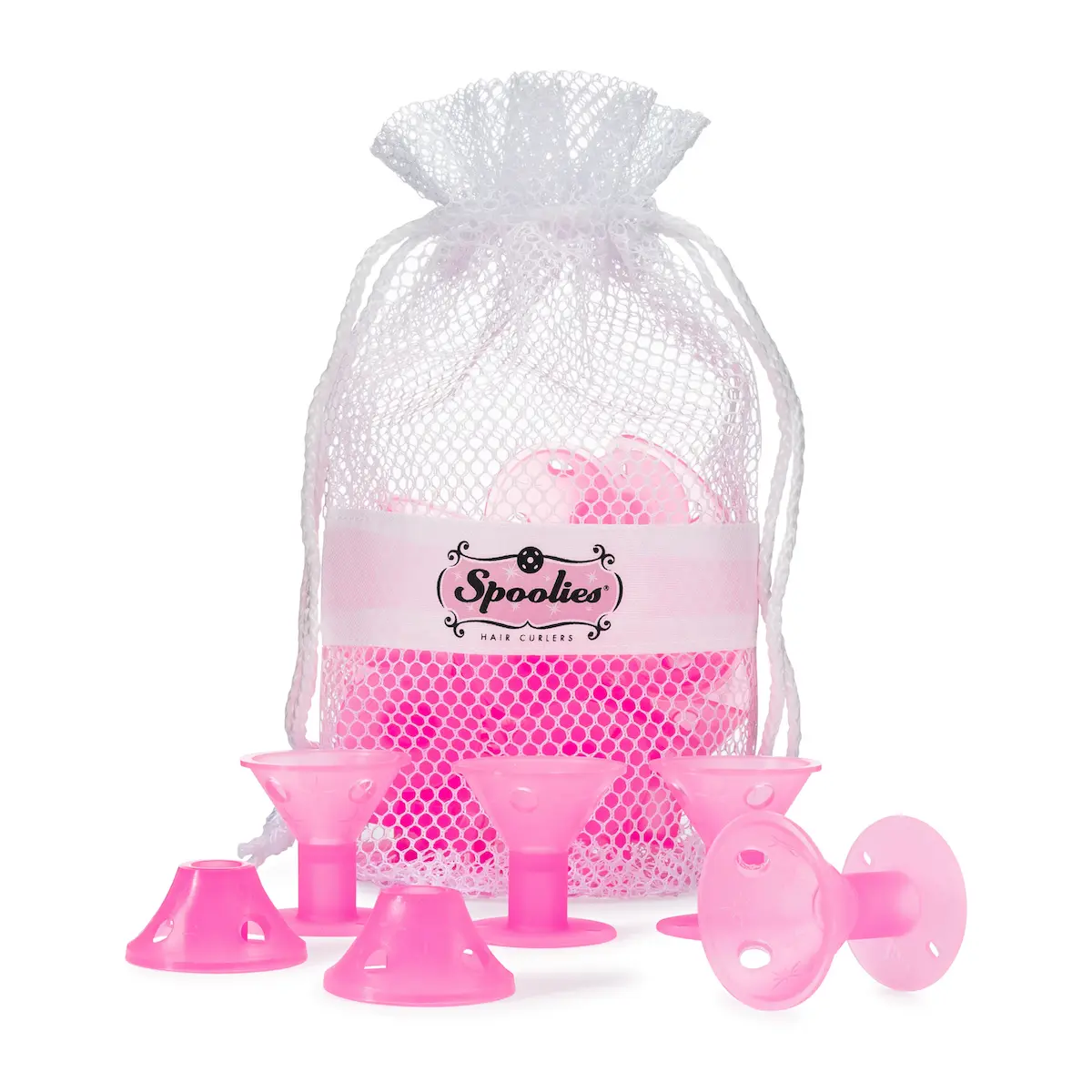 Spoolies Original Hair Curlers, Heatless Silicone Rollers with Mesh Bag Gift for Natural Hair, Hair Extension plus Wigs, Made in USA, 15 Jumbo Size (Playful Pink)…