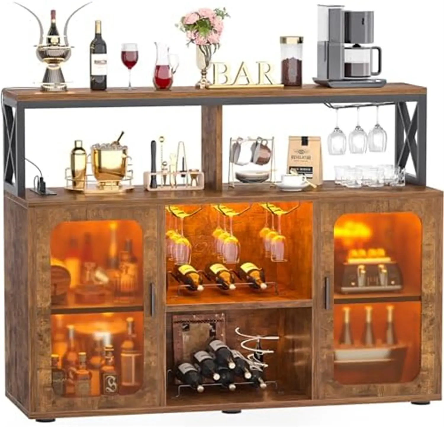 【Christmas Gift】Dark Brown Indoor Multi-Functional Storage Buffet - Storage Cabinets with 3 Outlets, USB Ports, LED Lights, Glass Holder, Wine Racks, 2 Doors, Adjustable Display Shelf, Coffee Maker Compatibility
