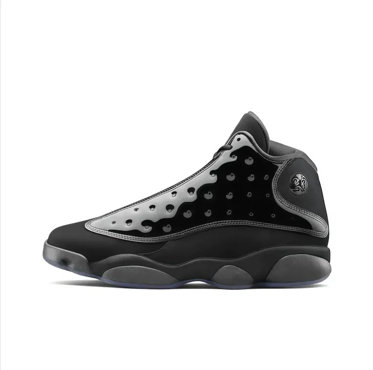 High top basketball sneakers black gray upper patent leather overlay padded ankle collar street aesthetic shock absorbing midsole outdoor lifestyle wear non slip rubber outsole unisex casual footwear