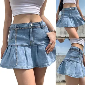 JovenPara Women's Short  Denim Skirt Slim A-line Pleated Ruffle Mini Jean Y2K Skirts with Built-in Shorts