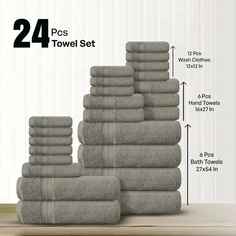 Hurbane Home Ultimate 24-Piece Luxury 100% Cotton Bath Towel Set Plush Thick Quick-Drying Bathroom Essentials Bundle Includes Bath Towels Hand Towels and Washcloths