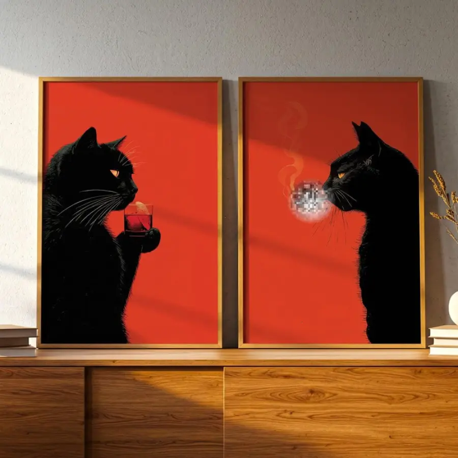 [Unframed Poster] Black Cat Set of 2 Prints, Sm0king Cat & C0cktail Cat Wall Art, Funny Bar Cart Poster, Moody Kitchen Decor, Cool Cat Gift, Diptych Wall Art