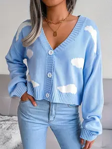 A large-size women's light blue cloud pattern white button door flap short knitted cardigan, suitable for fresh casual and daily fashion styles, autumn and winter, Knitwear for Lady, Long Sleeve, Womenswear
