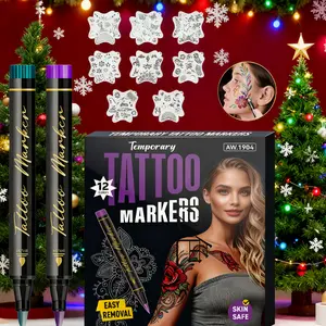 Christmas Fun Holiday Temporary Tattoo Marker Pen Set, Fast Dry Waterproof Body Paint Pens with Templates, Perfect for DIY Body Art and Painting, Face Paint