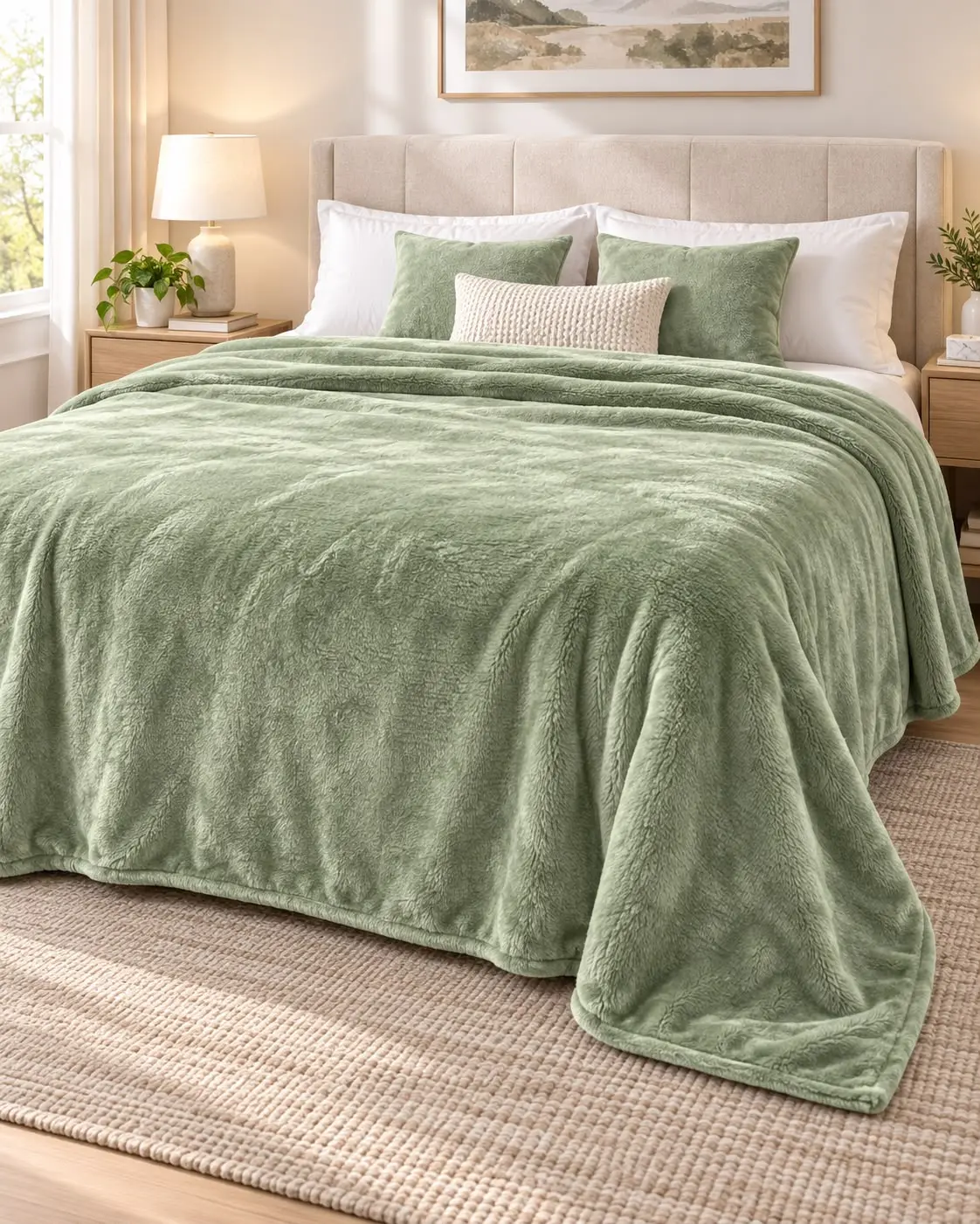 Ultra-Soft SAGE  King-Size Flannel Throw, Cozy Bedding Linen for Home Use