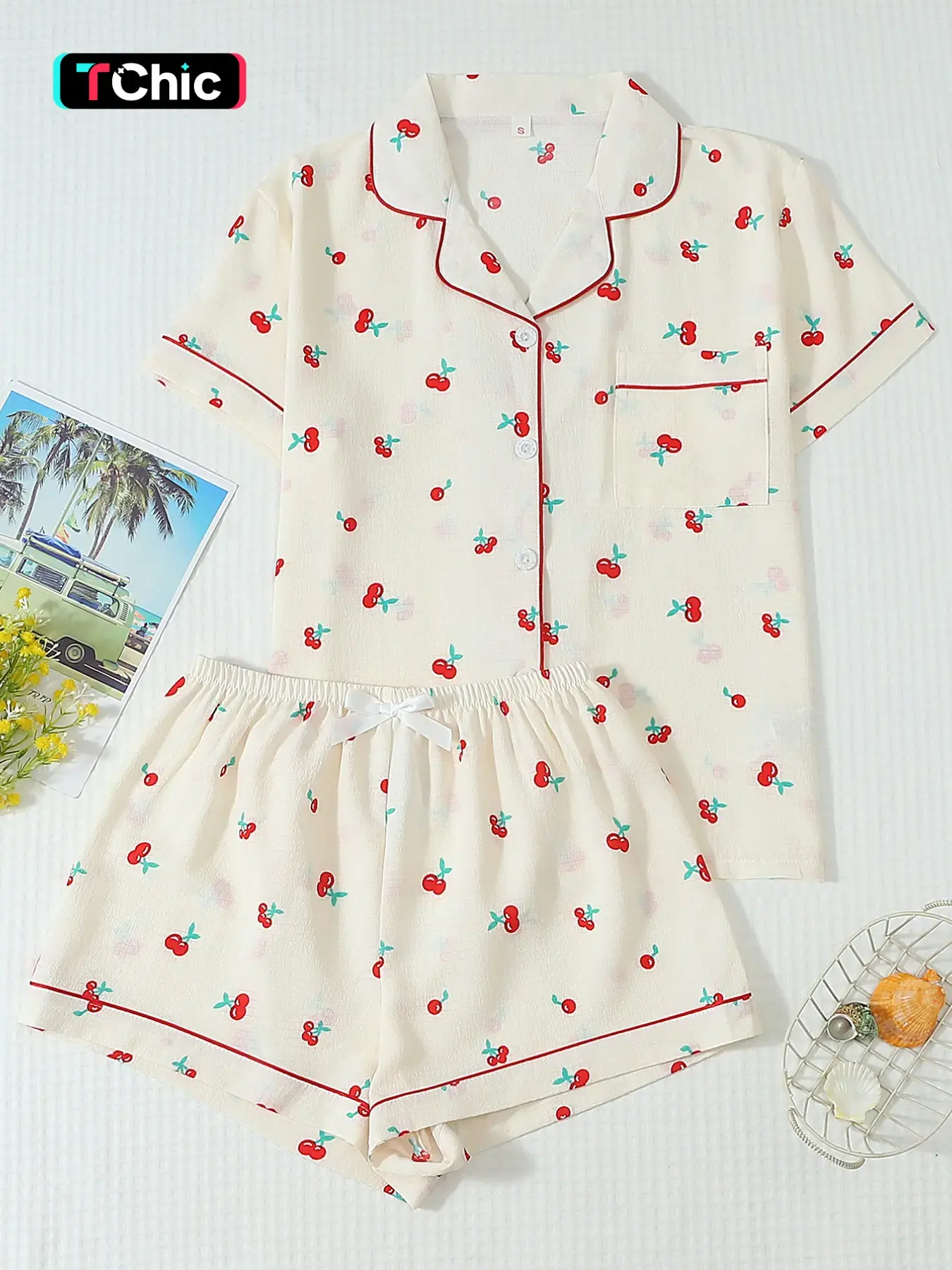 Cherry Print Women's Pajama Set, Sweet Collared Short Sleeve Top with Pockets, Bow Shorts, Casual Home Wear, Loungewear, Comfortable Sleepwear, Lounge Pjs Set