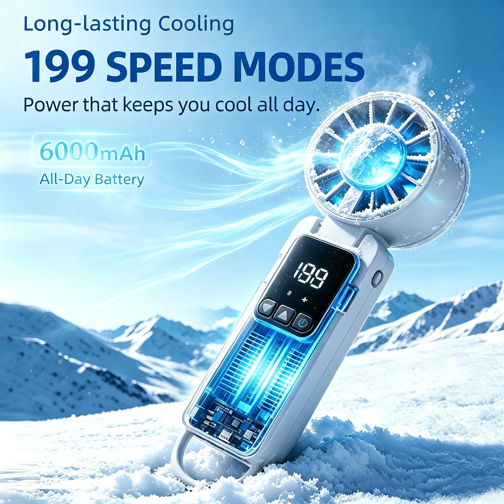 199 Adjustable-Speed Handheld Fan, 6000mAh Rechargeable Portable Cooling Fan, Turbo Icy Wind Quiet Mini Personal Fan with LED Display for Outdoor Camping Travel Office Summer Use