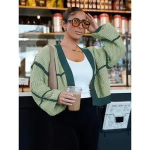 Women’s colorblock print cardigan sweater, casual long-sleeve knitwear for daily wear, ladies’ clothing for all seasons, women’s knit tops