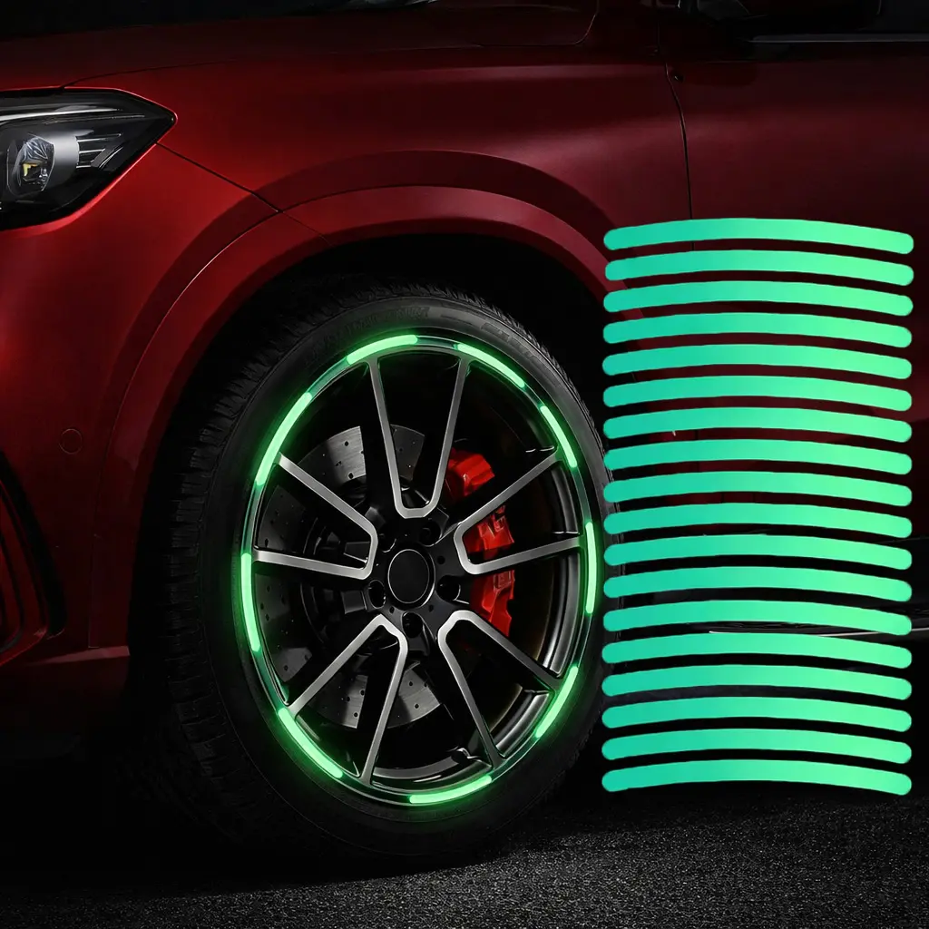 20PCS Strong PVC Car & Bike Wheel Rim Reflective Sticker Multipack - Waterproof Self-Adhesive Vibrant Gradient Decals, Long-Lasting Fade Resistant, Glow in the Dark Night Safety Effect, Decoration, Improved Visibility, Universal Fit for Racing Enthusiasts