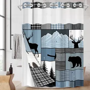 1pc hookless shower curtain with buckle lining, blue, white and black geometric animal patchwork design, 2D flat printing, fabric waterproof lining, see-through double-layer shower curtain, 71 x 74 inches, modern home draping curtain, Shower Curtain Liner