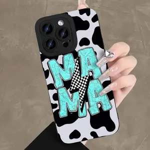 Lightning MAMA Cow Milk Pattern Mobile Phone Case, Durable Shockproof Case for iPhone 16 15 14 13 12 11 Pro Max Mini, Mother Leopard Design, Perfect for Mother's Day Gift