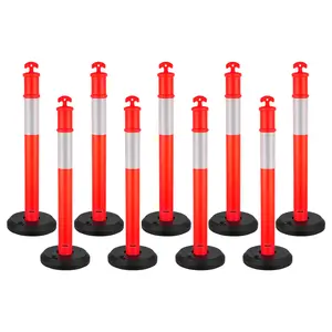 【Summervibes】VEVOR 9 Pack Traffic Delineator Posts, 45 inches Traffic Safety Cones with Fillable Base and Reflective Strips, Heavy Duty Delineator Posts for Construction Site, Parking Lot, Crowd Control, Red