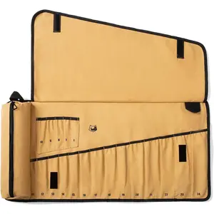 Wrench Roll, Wrench Roll Up Pouch, 19-Pocket Heavy Duty Canvas Wrench Organizer Bag for Metric Combination Wrenches, Portable Tool Roll Bag, Gifts for Men for Christmas(Brown, 19+1 Metric)