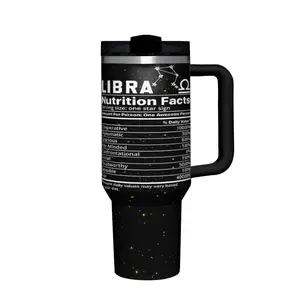 1 Black Libra-Themed Travel Mug with Nutritional Facts Design, Stainless Steel Construction and Starry Night Pattern
