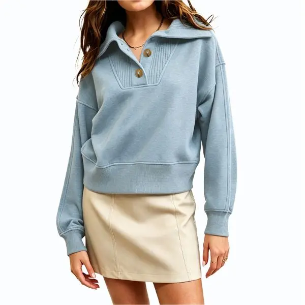 Fisoew Women's 2-Button Ribbed V-Wide Collar Baggy Oversized Raglan Long Sleeve Rib Hem Cropped Sweatshirt - Minimalist Style Essential Fall Casual Pullover Top with Quality Fabric, Lightweight, Bottom, Basic