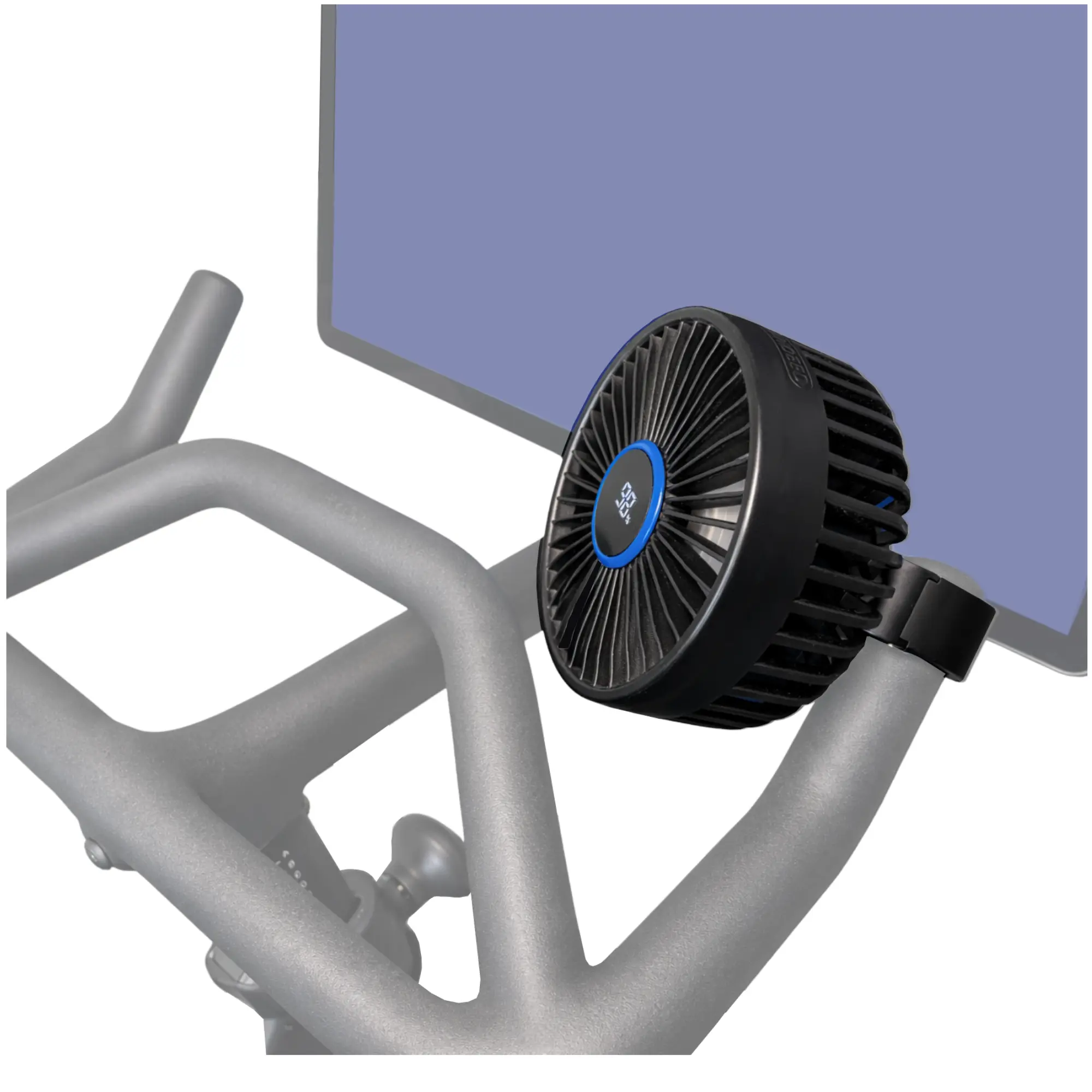 Fan for Peloton Bike & Bike+, Handlebar Clamp Mount, Battery or Plug-In Power, Powerful Airflow with 3 Speeds (9H/5H/2.5H), 360° Ball Joint, Digital Battery% Display, Timer Off Function