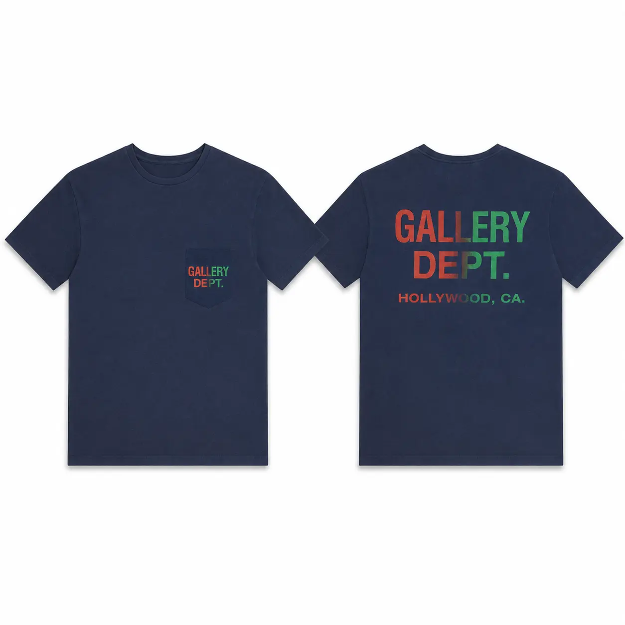 Gallery Dept Hollywood CA Pocket Graphic T Shirt Navy Front Back Print Unisex Vintage Streetwear Tee