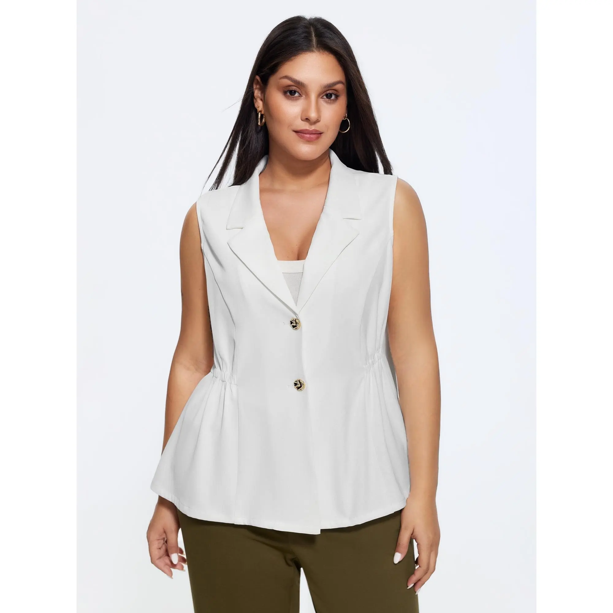 BLOOMCHIC Women's Plus Size Basic Sleeveless Polyester Smooth Fabric Blazer Vest, Solid Suit Collar, Ruched Waist, Multi-Size [M-6X] Fit Summer Tops