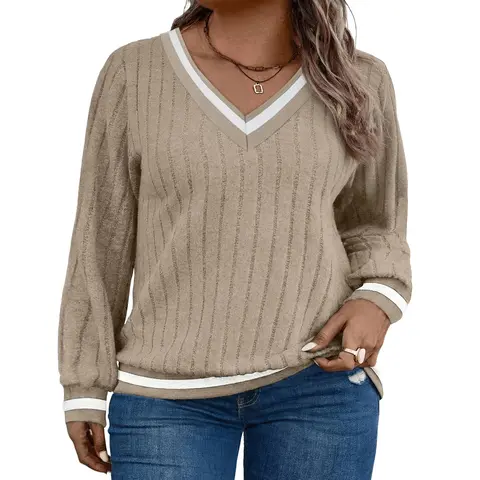 Eytino Plus Size Long Sleeve Shirts for Womem(1X-5X) | Casual Loose V Neck,Ribbed Tunic Tops Pullover,Lightweight Sweaters Fall Outfits