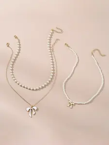 New Jewelry Set, Minimalist Unique Design, Cute Bow Pendant, Pearl Bead Necklace, Kids' Necklace Set, Fashionable Accessories