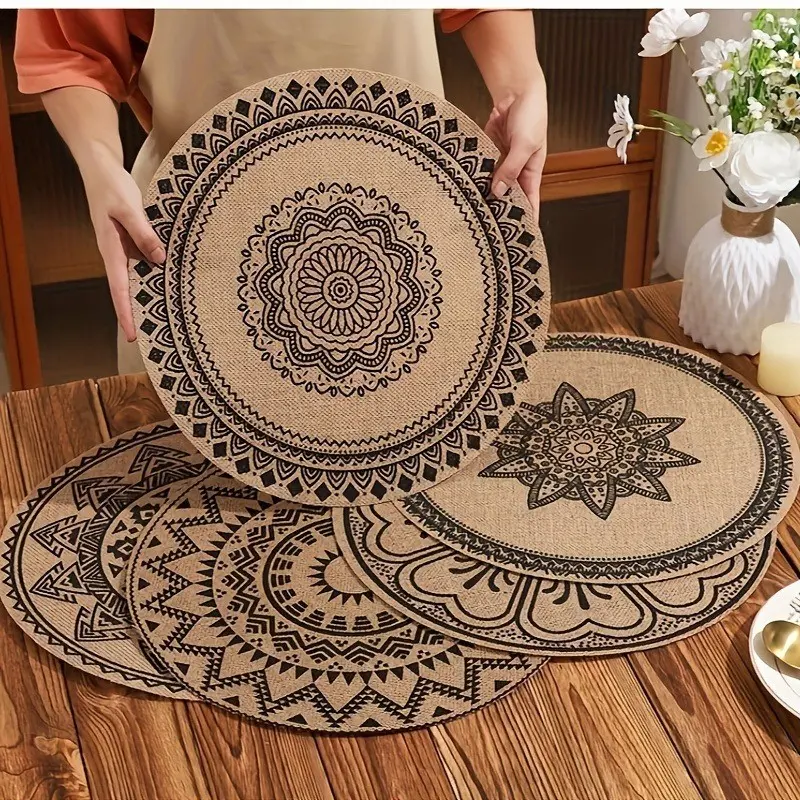 Boho Style Round Large Hemp Insulated Placemats, Insulated Cover Mat, Printed Table Mats, Photography Props, Dining Table Decor, Heat Resistant Placemat, Kitchen Decorative Placemat, 4/6/8pcs Set