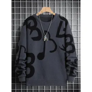 Men's Regular Fit Musical Note Print Round Neck Sweater Without Necklace, Casual Long Sleeve Crew Jumper For Fall & Winter, Fashion Knit Clothing For Daily Wear Crewneck Knitwear Menswear Dark Gray Graphic Tops