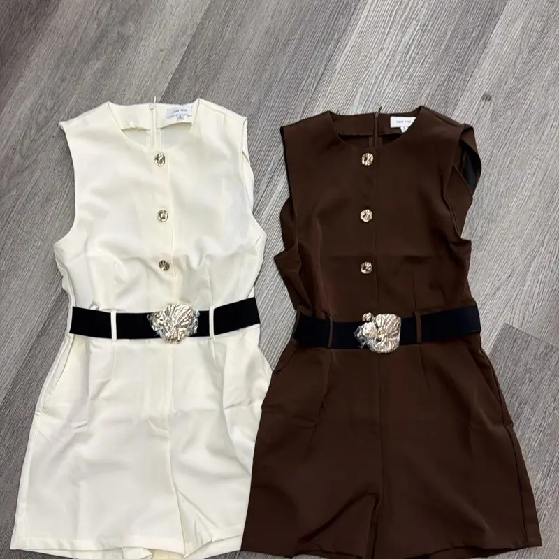Nuevo Pelele de verano para mujer, peleles ajustados, mono para mujer, pantalones cortos sin mangas, mono naranja con cinturón, S-2XL