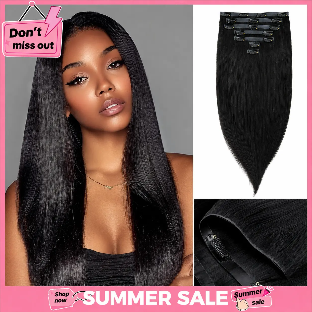 Lashey Seamless Clip In Hair Extensions, 100% Human Hair in Straight, Curly & Wave Styles, Natural Looking Full Head Set for Beginners, 7pcs 110g, Natural Looking Hair