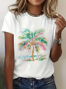 T-Shirt with a Colorful Palm Tree Design for Women - Casual White Tropical Tee Featuring Bright Green, Pink, And Blue Foliage, Ideal for Summer Beach Fashion - Offered in S, Made from Comfortable Fabric for Everyday Use