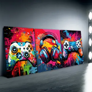 3pcs/Set Wooden Framed, Cool Gaming Controller Wall Art Retro Video Gamer watercolor Posters Pictures Colorful Gamepad Canvas Painting Prints for Boys Room Kids Gamer Room Bedroom for Boys Home Decoration
