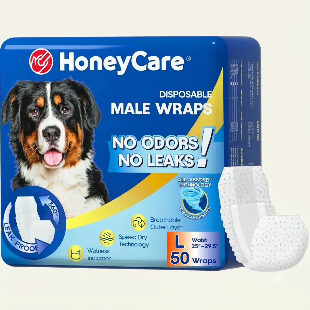 Honey Care All-Absorb Male Dog Wraps Blue Large 32 Count Super Absorbent Leakproof Incontinence Male Dog Diapers