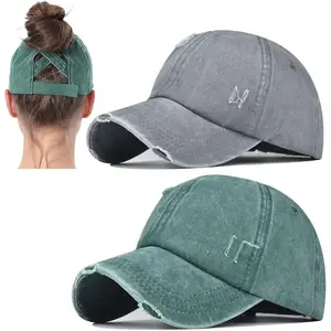1/2 Pack Criss Cross Washed Distressed Baseball Cap for Women - Stylish Ponytail Hat for High Messy Bun, Perfect for Casual Outings