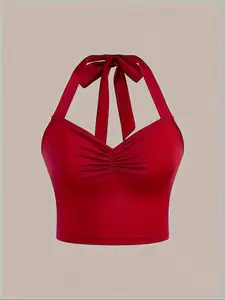 Women's Solid Bow Decor Halter Neck Bustier, Casual Fashion Sleeveless Top for Daily Wear, Ladies Clothes for All Seasons