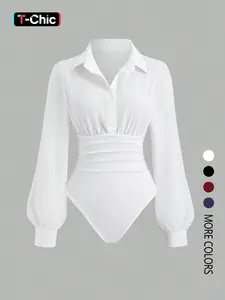 Women's Solid Color Slim-Fit Collared Long-Sleeve Shirt Bodysuit, Elegant Woven Fabric, Suitable for All Seasons, Easy to Layer, Womenswear