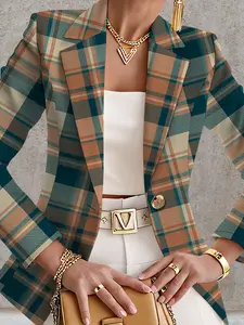 Women's Autumn Outdoor Plaid Print Blazer Jacket, Aesthetic Casual Fitted Design, Regular Length, Spring & Fall Fashion, Single Piece