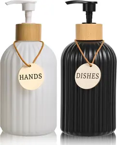 2 Pack ViserVita Glass Hand Soap Dispenser with Bamboo Pump, Elegant Refillable Liquid Dish Soap Dispenser, Perfect for Kitchen and Bathroom