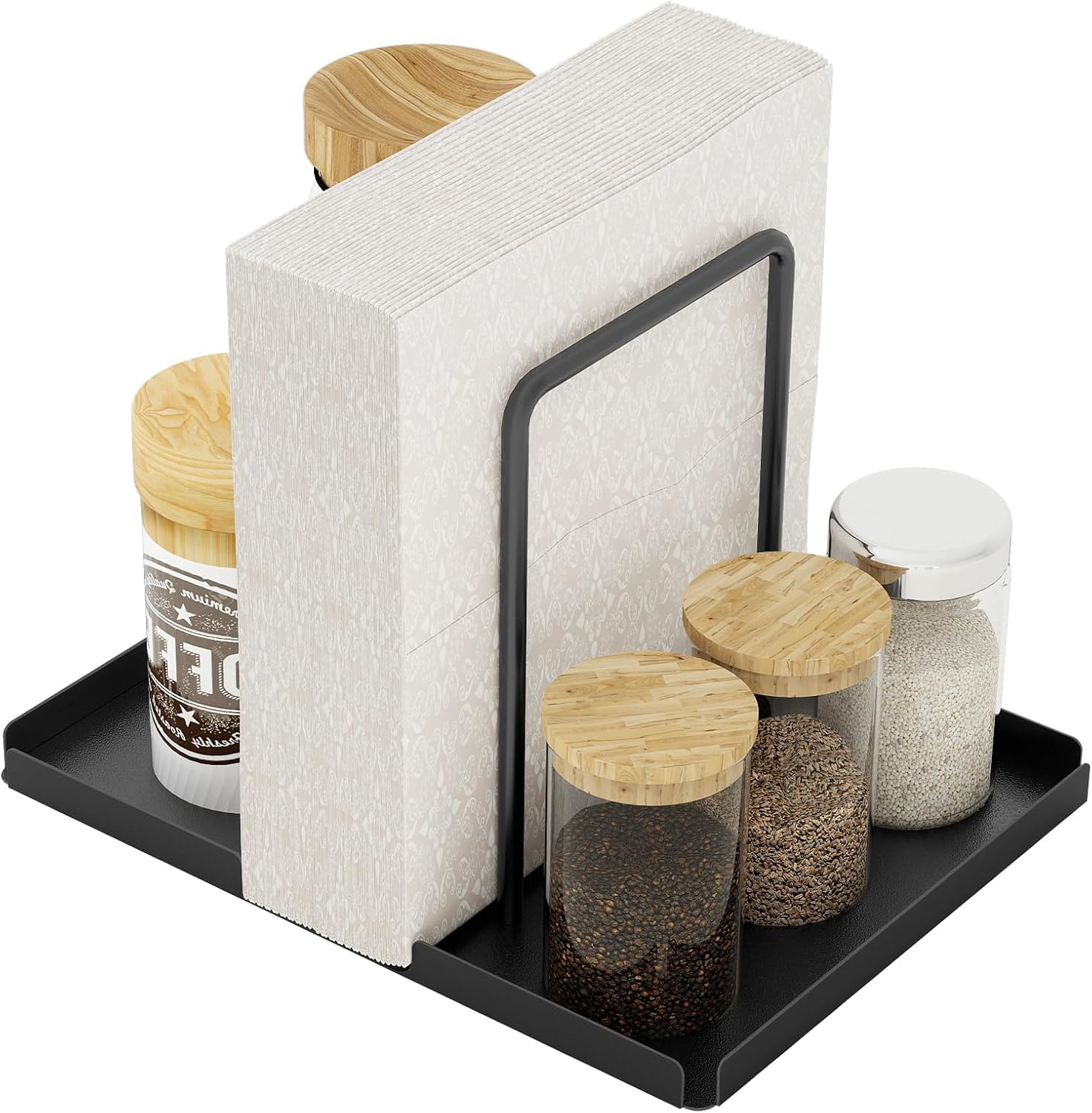 Napkin Holder, Metal Napkin Holder for Table with Salt and Pepper Shakers Caddy, Napkin Storage Dispenser for Kitchen Dinner Table and Picnic Decors, Black