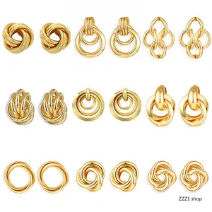 Gold Stud Earrings Set for Women Trendy Vintage Textured Knot Hoop Earring Pack Chunky Irregular Multi Ring Jewelry Gifts Girls Office Casual Wear