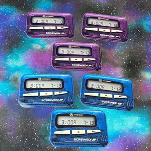HTown Screwston Pager Sticker – 90s Beeper Edition in Vibrant Purple & Blue Colors with 'Screwed Up' Text