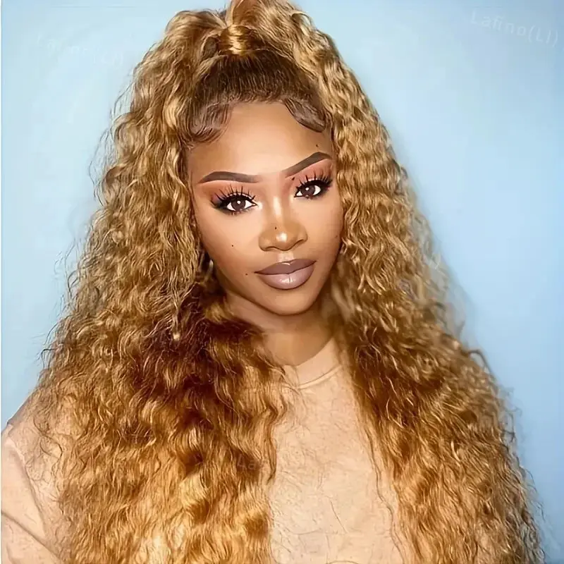 Unisex Long Length 26+ Inch Honey Blonde Human Hair Lace Front Curly Wig - Swiss Lace, Pre-Plucked Hairline, Free Parting Fashion Accessory