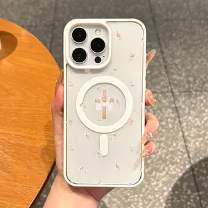 Magnetic Silicone TPU Smartphone Case - Waterproof, Shockproof, Lightweight, Scratch-Resistant Girly Cover with Magnetic Closure, Aesthetic Cross-Flower Design, Accessories for iPhone 17/16 Pro Max/15 Plus/14/13/12/11/XS/XR