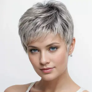 Short Layered Pixie Cut Dark Roots Gray Synthetic Hair Wigs For Women Natural Wig Daily Fashion and Halloween Wig, Party Wig